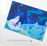arctic fox white foxes and hare hares rabbit polar snow winter blue northern lights post card postcard uk art original kawaii cute stationery turquoise sky stars magical night fir trees eco recycled
