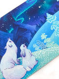 arctic fox white foxes and hare hares rabbit polar snow winter blue northern lights post card postcard uk art original kawaii cute stationery turquoise sky stars magical night fir trees eco recycled