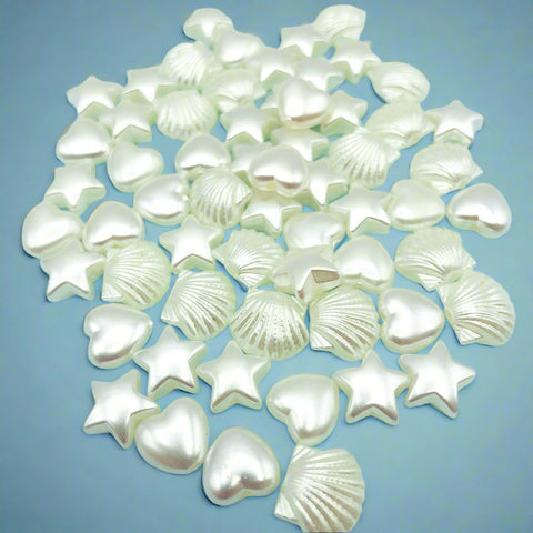 pearl pearly white cream creamy acrylic bead beads bundle shell shells heart hearts star stars 12mm 14mm uk cute kawaii craft supplies