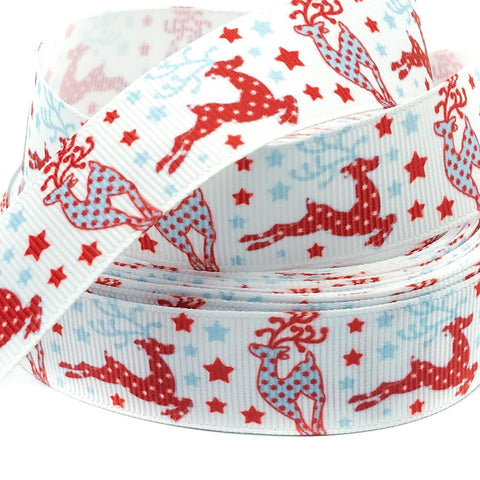 scandi running deer nordic scandinavian style grosgrain christmas fesitve blue red 22mm ribbons uk cute kawaii craft supplies reindeer