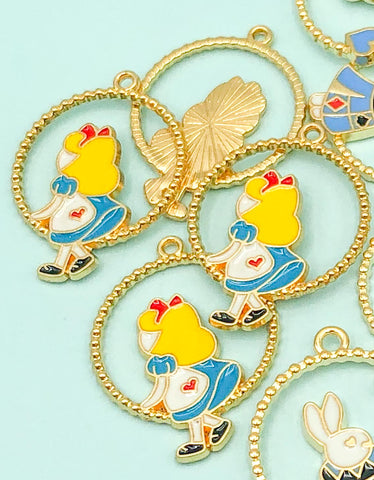 large alice in wonderland white rabbit fox hoop charm pendant pendants charms gold tone metal enamel uk cute kawaii crafts supplies foxes