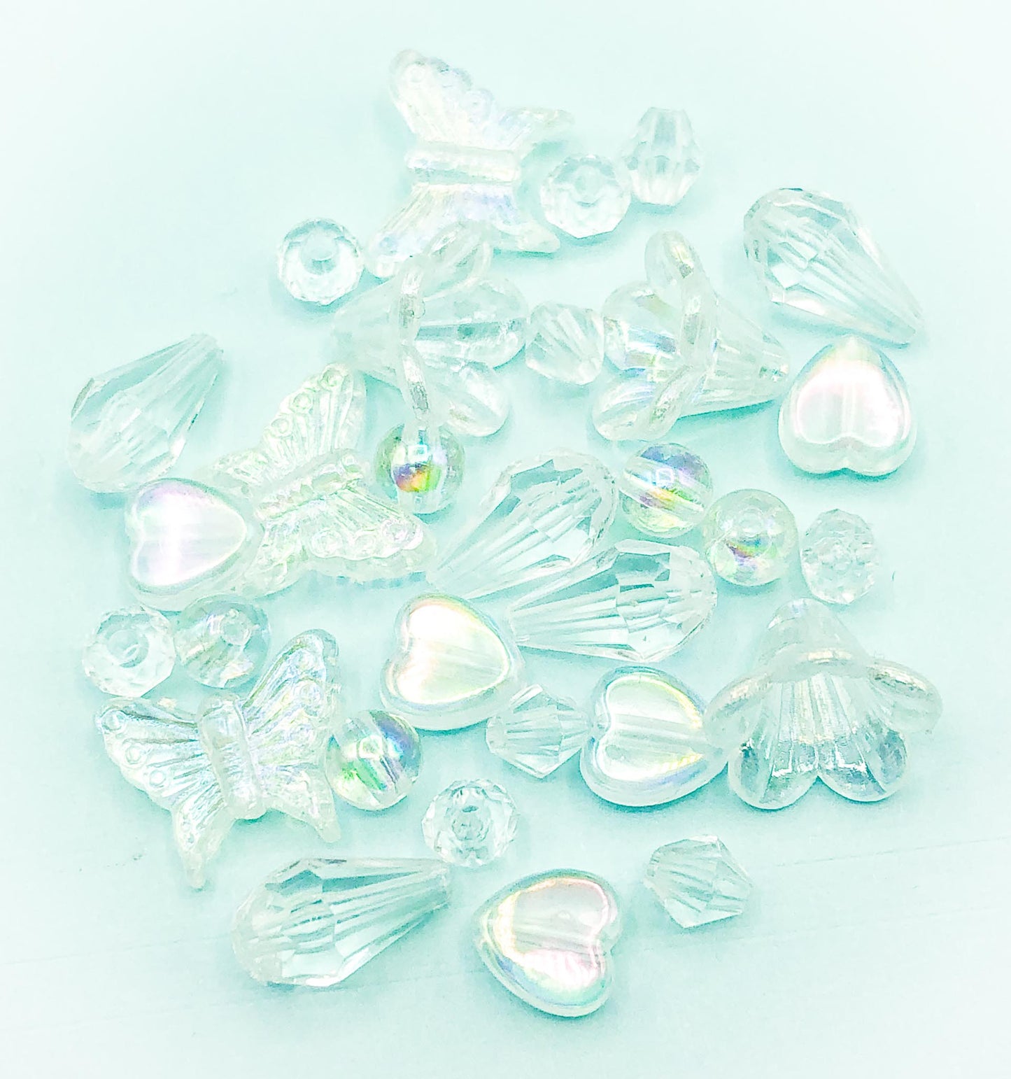 clear iridescent ab aurora borealis beads acrylic plastic bundle mixed bead heart teardrop butterfly round cute kawaii uk craft supplies transparent