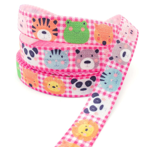 cute animal face faces fold over stretch elastic elastics pink gingham yard ribbon ribbons kawaii uk craft supplies lion tiger frog pig cat bear panda