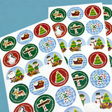children's kids child sticker sheet christmas festive round small stickers seals cute kawaii uk gift gifts sheet tree elf santa penguin sleigh candy canes 9 or 18