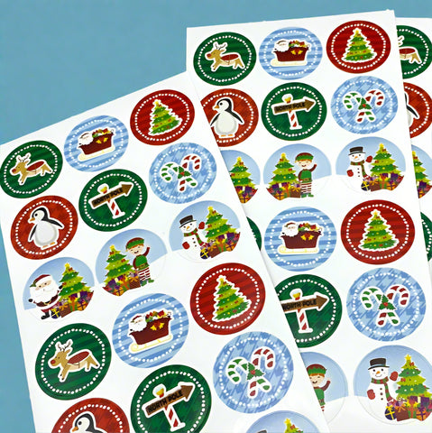 children's kids child sticker sheet christmas festive round small stickers seals cute kawaii uk gift gifts sheet tree elf santa penguin sleigh candy canes 9 or 18