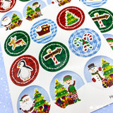 children's kids child sticker sheet christmas festive round small stickers seals cute kawaii uk gift gifts sheet tree elf santa penguin sleigh candy canes 9 or 18