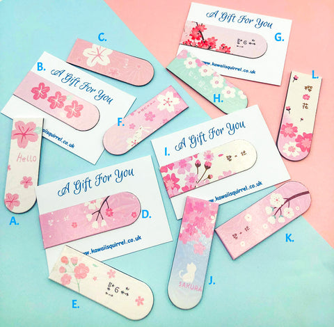 cherry blossom bookmark magnetic bookmarks cute kawaii gifts uk spring blossoms floral book mark cat rabbit turquoise blue white pretty uk kawaii stationery gift gifts flowers spring pink fold over magnet present book lover planner