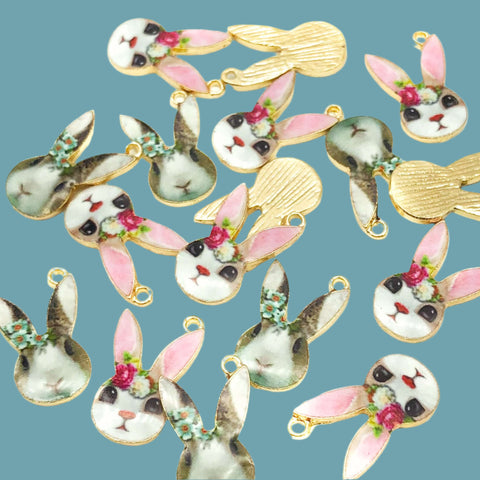 spring bunny kawaii rabbit gold tone enamel charm charms bunnies pink grey flowers