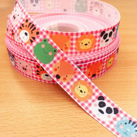 bright pink gingham check grosgrain ribbon 22mm wide yard cute kawaii animal animals tiger lion panda bear fox cat pig frog uk craft supplies ribbons