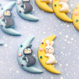 kawaii bunny rabbit penguin cute resin flatback fb flat back embellishment crescent moon stars blue yellow moons cabochon uk craft supplies penguins