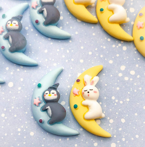 kawaii bunny rabbit penguin cute resin flatback fb flat back embellishment crescent moon stars blue yellow moons cabochon uk craft supplies penguins