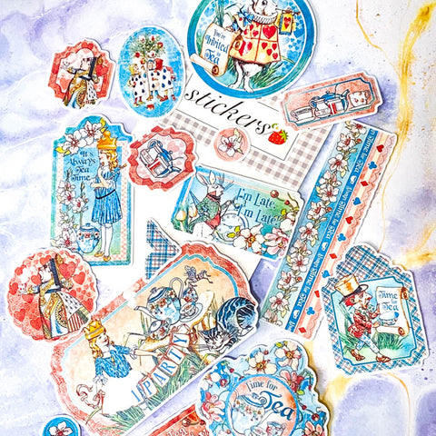 large alice in wonderland ephemera stickers sticker adhesive big scrapbooking stationery cute kawaii uk pack rabbit mad hatter tea party ticket tickets corner corners im late I'm queen of hearts pink blue turquoise pack 20