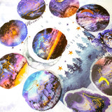 magical magic circle circular moon moons trees woodland forest sky galaxy sticker stickers flake flakes pack gold foil foiled mystic mystical stars watercolour PET plastic clear pack 30 uk stationery silhouette cute kawaii sunset sunrise