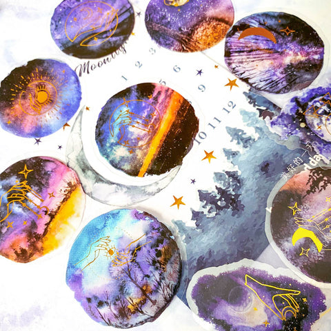 magical magic circle circular moon moons trees woodland forest sky galaxy sticker stickers flake flakes pack gold foil foiled mystic mystical stars watercolour PET plastic clear pack 30 uk stationery silhouette cute kawaii sunset sunrise