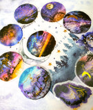 magical magic circle circular moon moons trees woodland forest sky galaxy sticker stickers flake flakes pack gold foil foiled mystic mystical stars watercolour PET plastic clear pack 30 uk stationery silhouette cute kawaii sunset sunrise