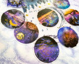 magical magic circle circular moon moons trees woodland forest sky galaxy sticker stickers flake flakes pack gold foil foiled mystic mystical stars watercolour PET plastic clear pack 30 uk stationery silhouette cute kawaii sunset sunrise