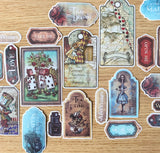 alice in wonderland ephemera stickers sticker pack vintage retro style old illustrations scrapbooking card making planner stationery cute kawaii uk white rabbit cheshire cat teapot labels tags
