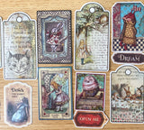 alice in wonderland ephemera stickers sticker pack vintage retro style old illustrations scrapbooking card making planner stationery cute kawaii uk white rabbit cheshire cat teapot labels tags