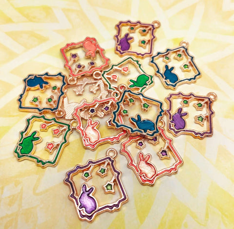 square diamond rose gold tone metal charm bunny rabbit rabbits star stars coloured purple pink blue green uk cute kawaii craft supplies bunnies enamel charms