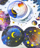 magic magical solar system galaxy moon sun planets saturn universe white moonlight gold foil foiled sticker stickers flakes flake pack of 30 large round earth space clear plastic pet