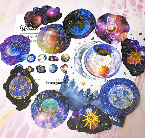 magic magical solar system galaxy moon sun planets saturn universe white moonlight gold foil foiled sticker stickers flakes flake pack of 30 large round earth space clear plastic pet