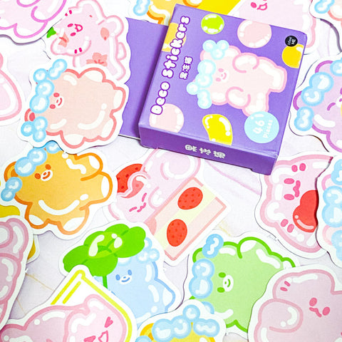 gummy bear bears cat cats mini sticker flake flakes stickers box of 46 die cutes glossy cute kawaii pastel colours uk stationery pack pink lilac lime yellow blue