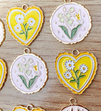 spring charms enamel charm heart hearts yellow pink flower flowers bee bees butterfly gold tone metal daisy rose butterfly uk craft supplies large big pendant