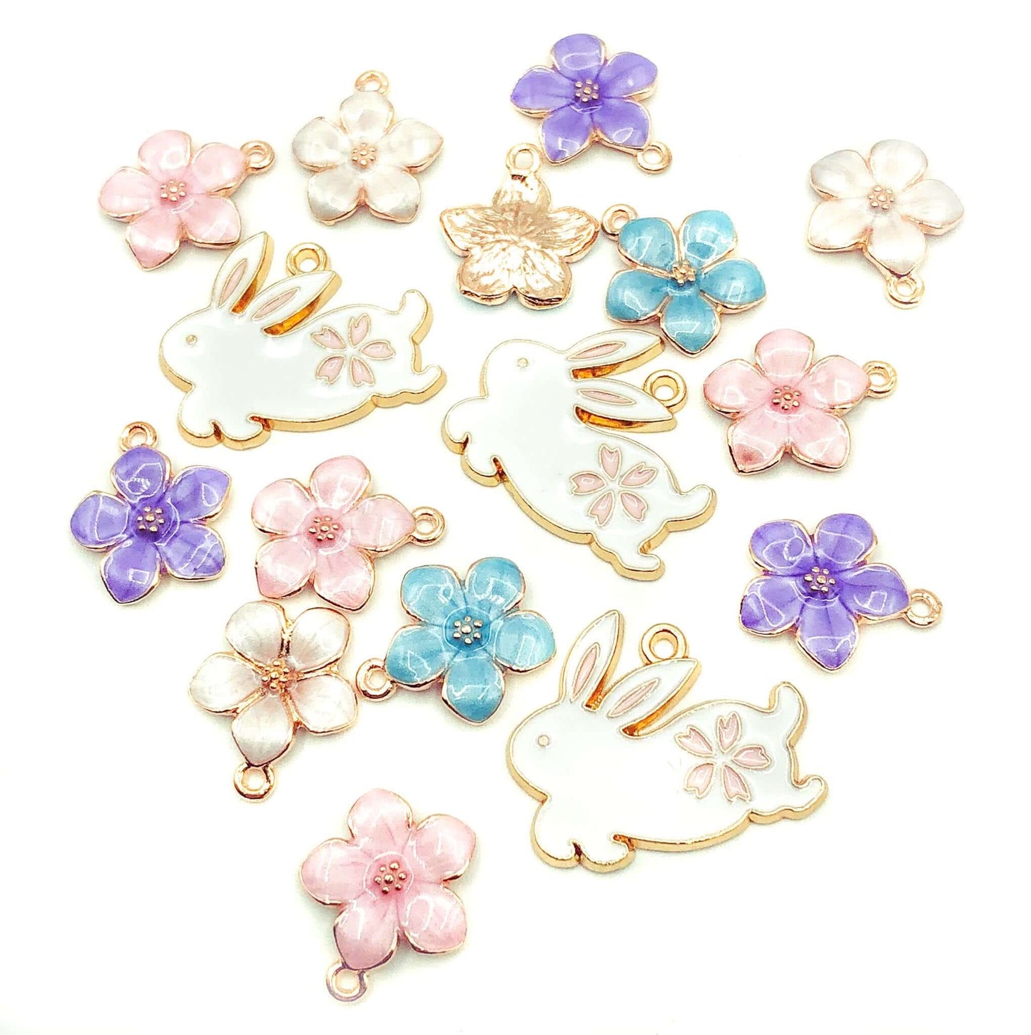 easter enamel charm bunny rabbit rabbits bunnies flower flowers cherry blossom pink white blue purple gold tone charm uk craft supplies spring