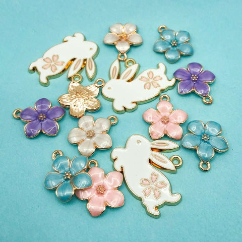 easter enamel charm bunny rabbit rabbits bunnies flower flowers cherry blossom pink white blue purple gold tone charm uk craft supplies cute kawaii pretty spring