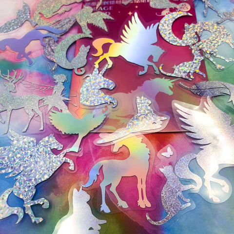 laser holo holographic clear plastic glitter rainbow sticker stickers pack 48 or 15 big shiny magic magical fairy unicorn cat moon deer mystical pack uk cute kawaii stationery