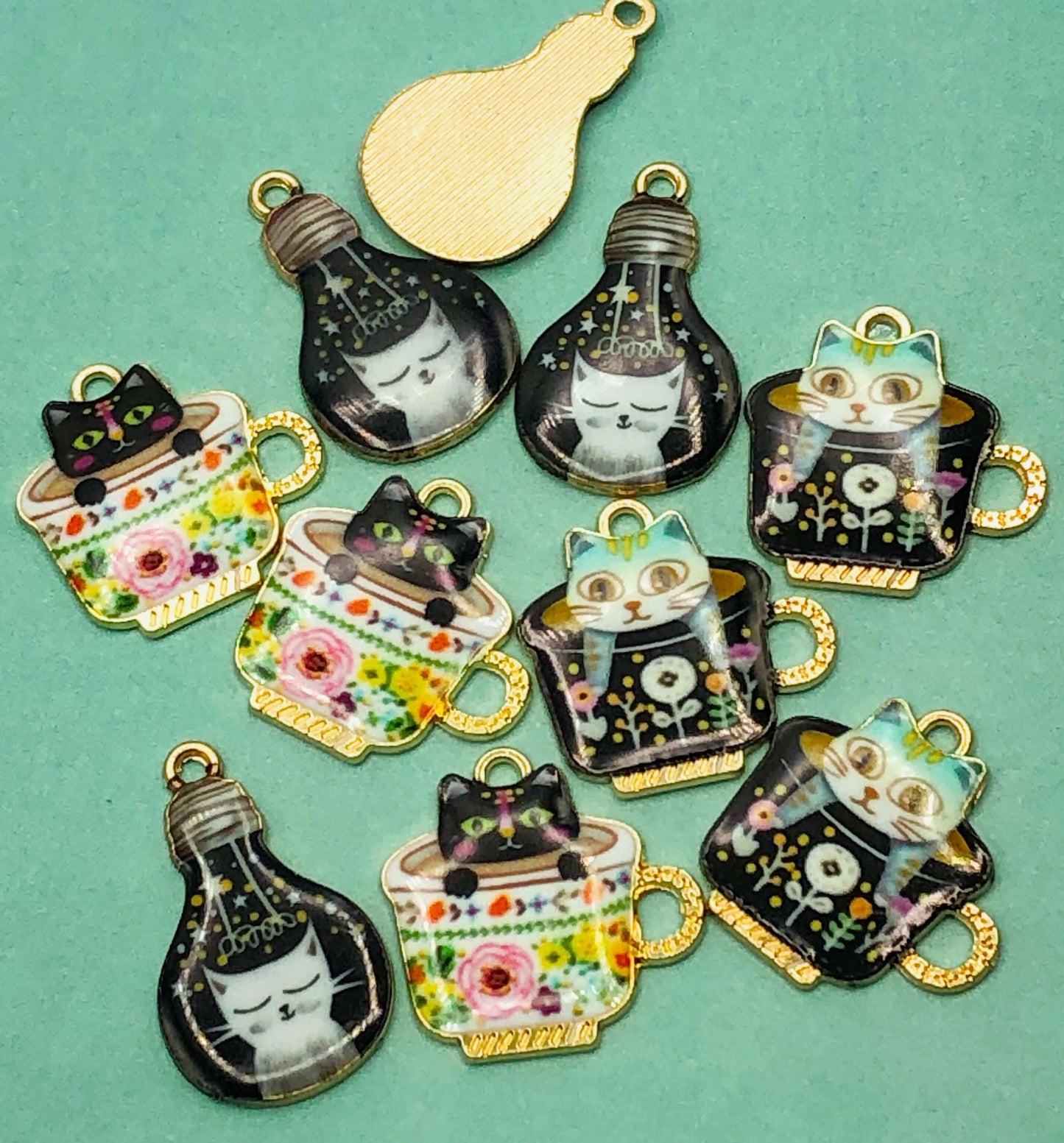 tea cup and light bulb cat enamel charms kawaii metal gold tone charm cats