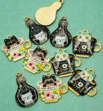 tea cup and light bulb cat enamel charms kawaii metal gold tone charm cats