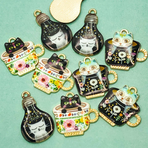 cat enamel charm kawaii cats charms metal gold tone light bulb tea cup cups uk cute kawaii craft supplies