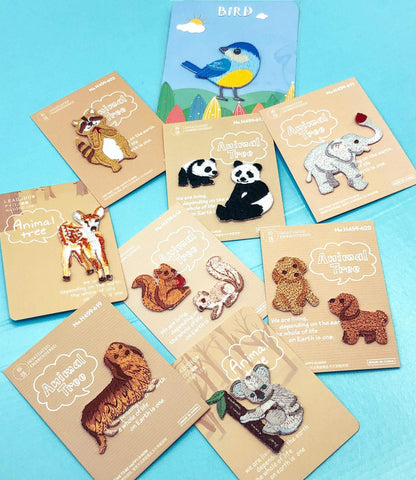 cute animal iron on applique fabric patch patches gift gifts squirrel dog dogs raccoon raccoons panda pandas elephant elephants blue tit birds bird deer