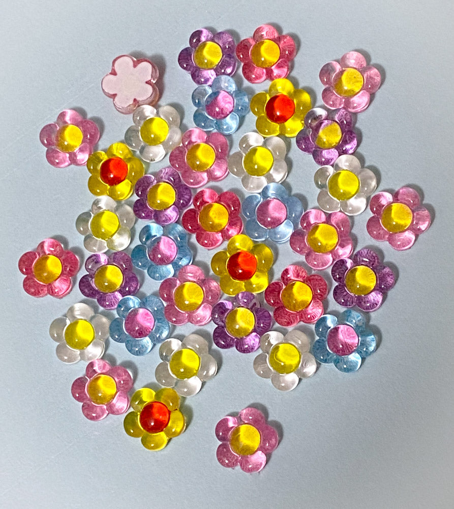 clear plastic acrylic small 10mm bubble flower flowers flatback flat back fb fbs embellishments pink yellow blue lilac clear white uk cute kawaii craft supplies small tiny little resin