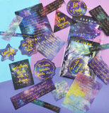 galaxy 60 large sticker flakes gold foiled cosmos constellations quotes blue purple stars outer space pack sticker uk cute kawaii stationery