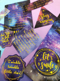 galaxy 60 large sticker flakes gold foiled cosmos constellations quotes blue purple stars outer space pack sticker uk cute kawaii stationery