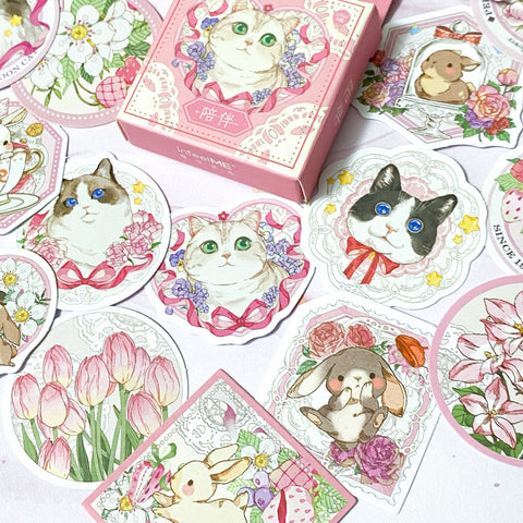 spring sticker flake flakes cat cats pretty flower floral flowers bunny rabbit rabbits bunnies mini box of 46 stickers cute kawaii stationery pink uk