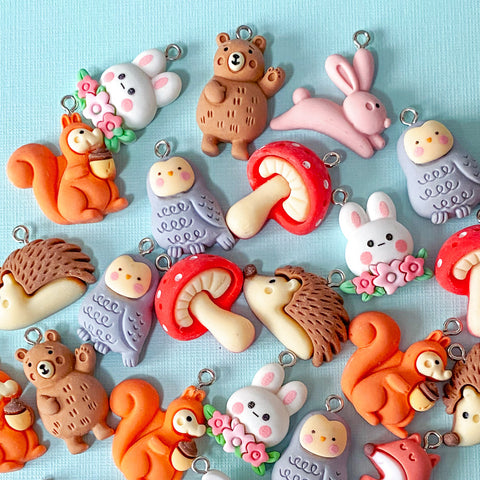 cute kawaii resin charm charms woodland fox foxes bunny rabbit rabbits mushroom mushrooms hedgehogs squirrel squirrels owl owls uk craft supplies polymer clay 3d bear