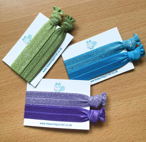 handmade hand made hair tie ties bands bows set of 2 duo plain glitter colours blue green purple uk gifts