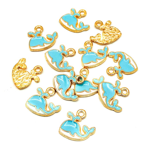 enamelled whale enamel whales gold tone charm cute blue and white kawaii uk charms craft supplies turquoise pretty little small jewellery making supplies enamel