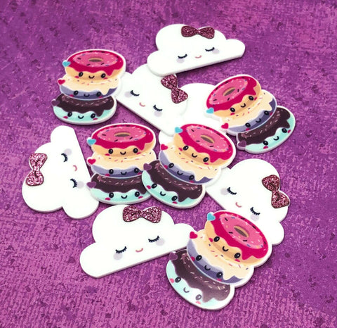 happy kawaii fb flat back flatback fbs cute donut donuts doughnut white cloud clouds glitter bow pink smiling uk craft supplies planar acrylic