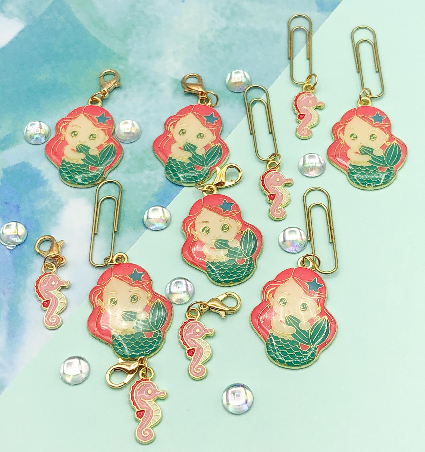 pretty mermaid glitter glittery seahorse pink teal green gold metal enamel planner charm paper clip clips charms uk cute kawaii gift gifts girl girls seahorse seahorses