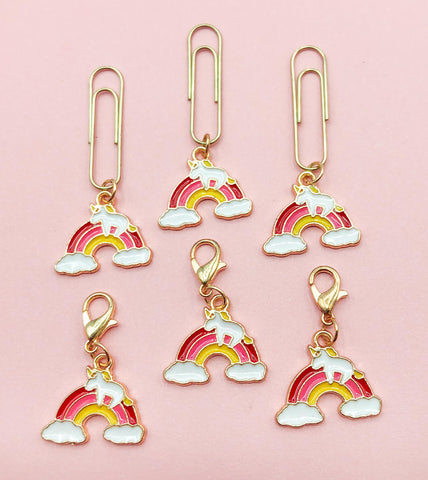 rainbow and unicorn pretty pink yellow planner charm paper clip charms clips gold tone metal enamel cute kawaii uk gift gifts girl kids white clouds cloud handmade hand made