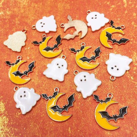 golden gold yellow moon crescent bat bats ghost white black enamel charm charms metal gold tone uk cute kawaii craft supplies halloween