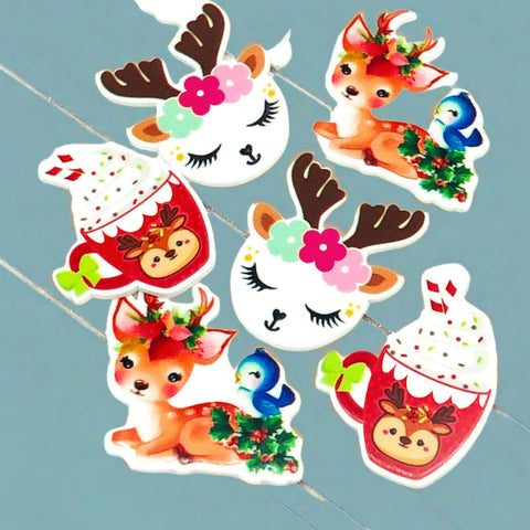 cute festive deer christmas reindeer acrylic planar fb flatback flat back fbs uk kawaii craft supplies floral mug drink blue bird embellishment