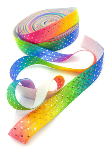 18mm gold foil polka dot dots spot spots rainbow ombre bright elastic foe ribbon ribbons uk craft supplies elastics foiled foe pretty crafts