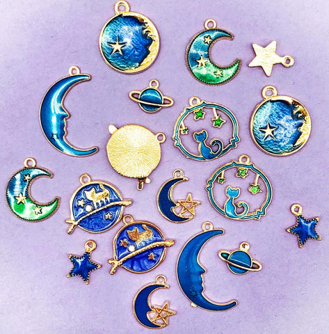 galaxy space gold tone metal enamel charm charms pretty cute kawaii uk moon star stars planet cat blue green rhinestone crescent