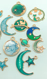 galaxy charm space moon planet cat star stars enamel charms pretty cute kawaii uk gold tone metal turquoise purple blue green