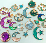 galaxy charm space moon planet cat star stars enamel charms pretty cute kawaii uk gold tone metal turquoise purple blue green
